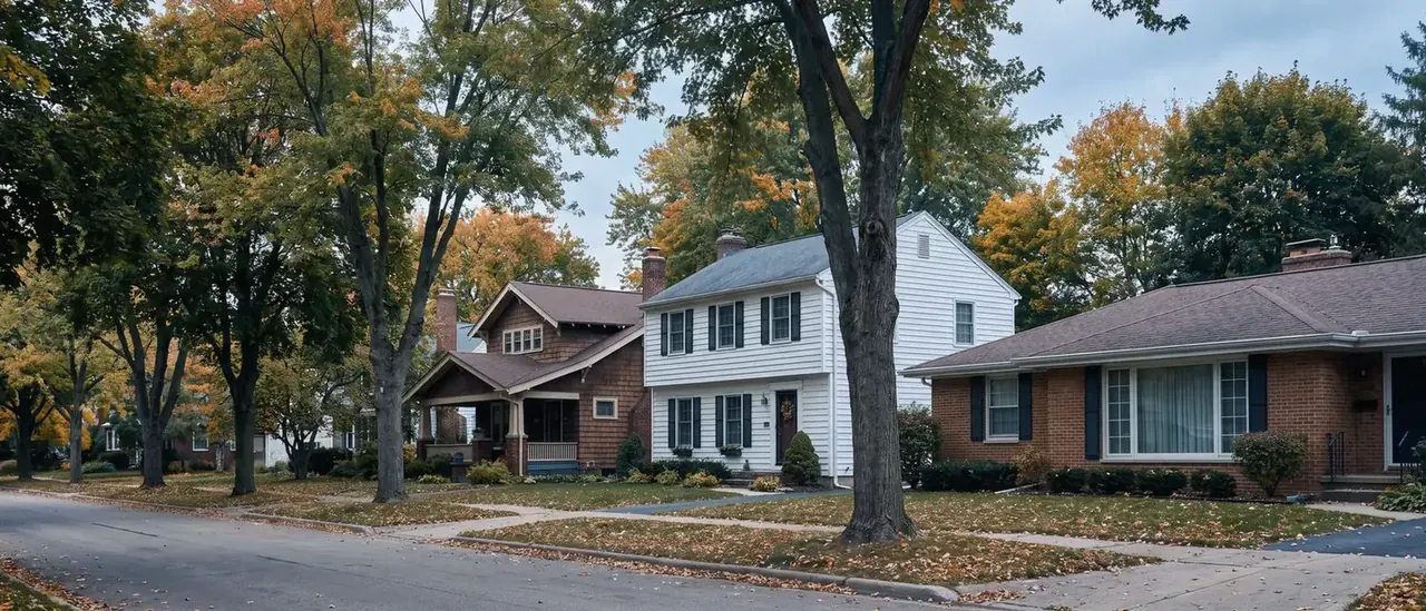 Row of different American houses on a tree lined street