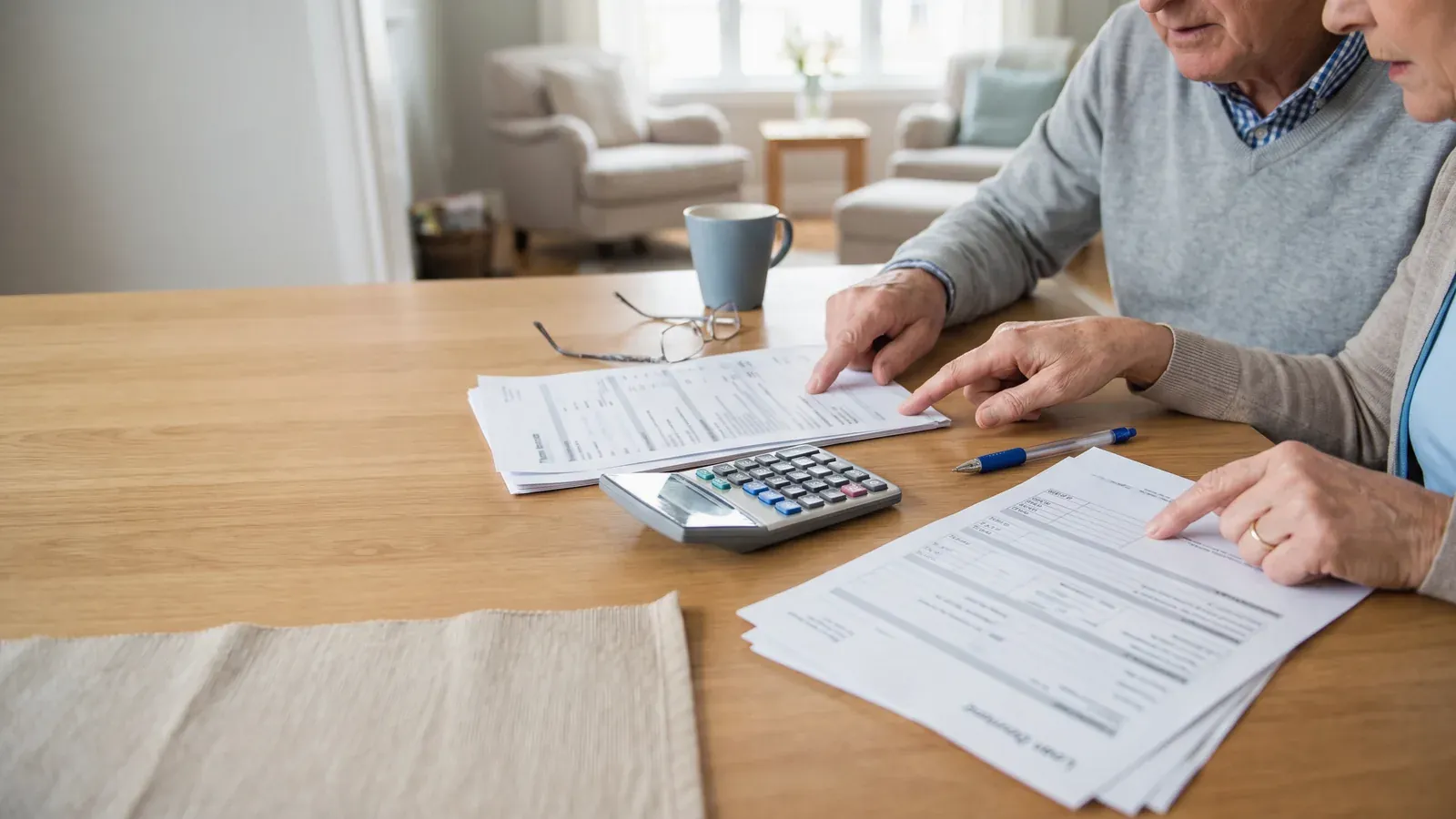 Retired couple comparing a HECM and a HELOC offer side by side at their dining table