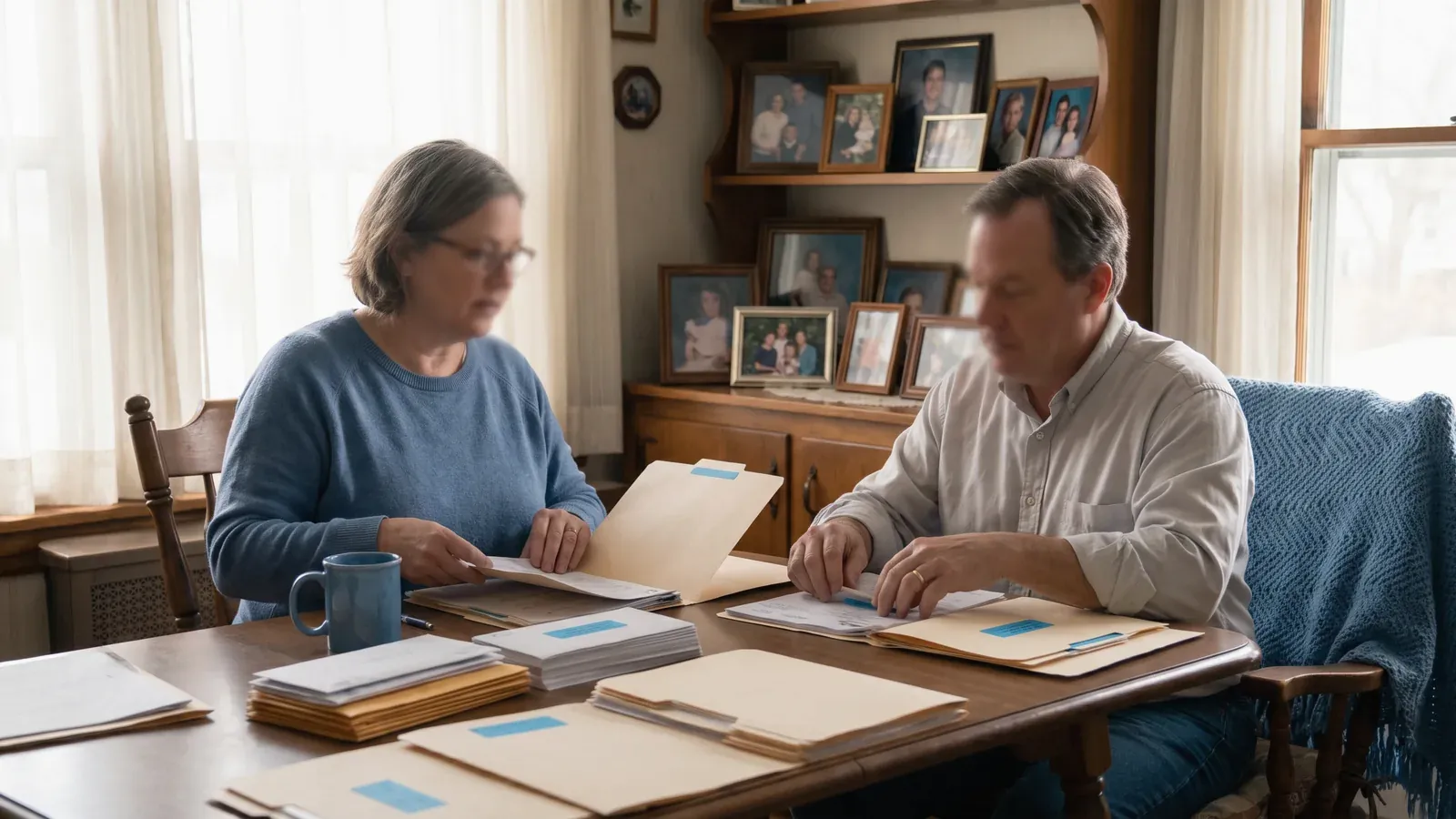 Two adult children sorting papers at the table in their late parent’s home
