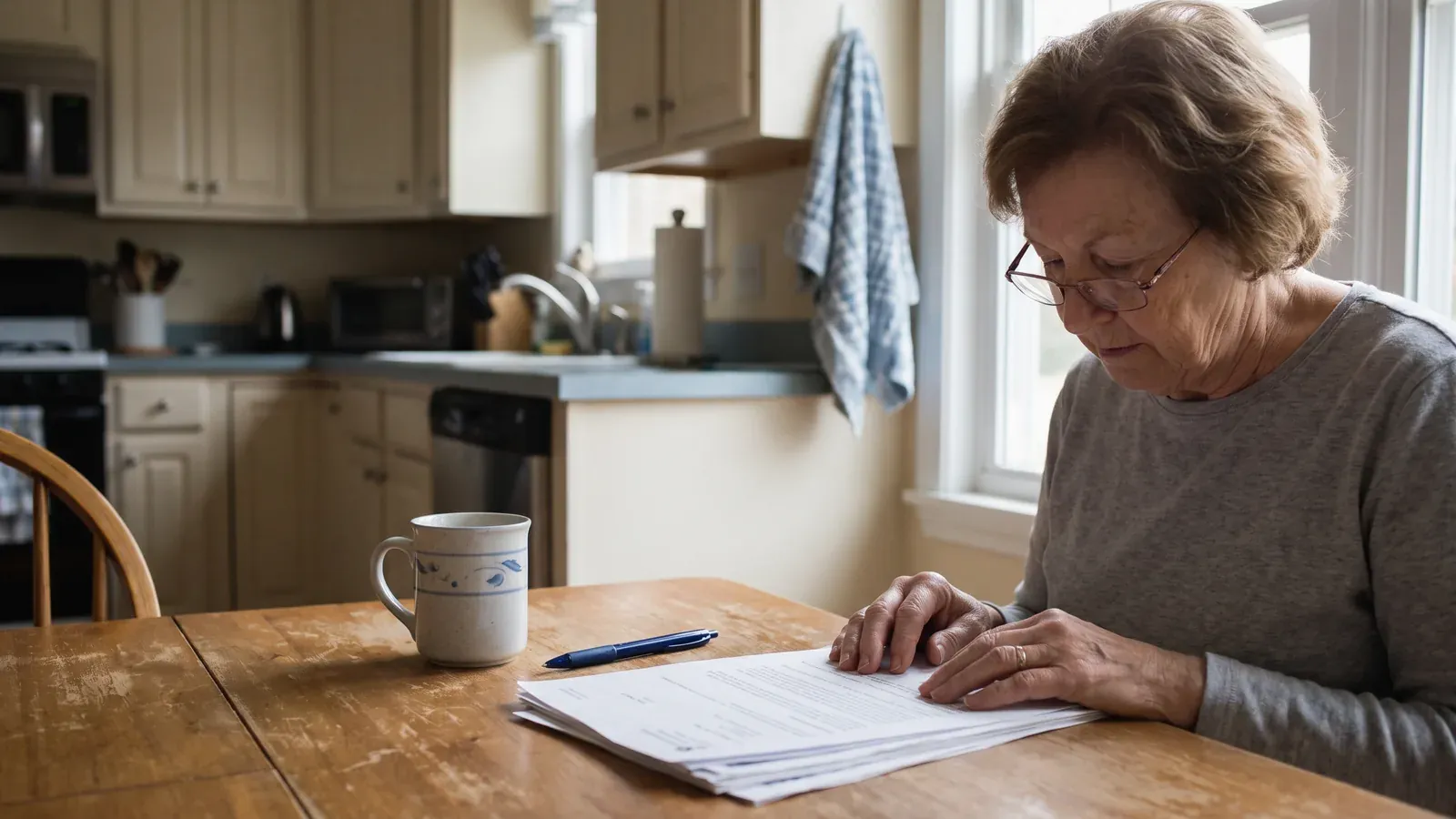 Woman in her seventies reading a reverse mortgage estimate at her kitchen table