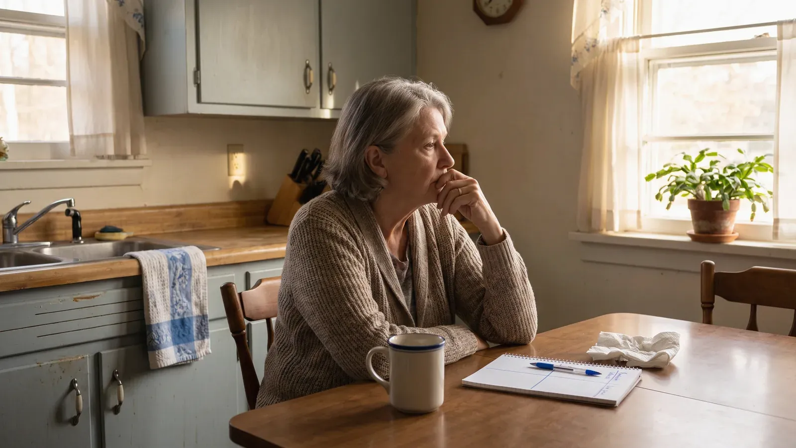 Older homeowner writing down the pros and cons of a reverse mortgage at her kitchen table