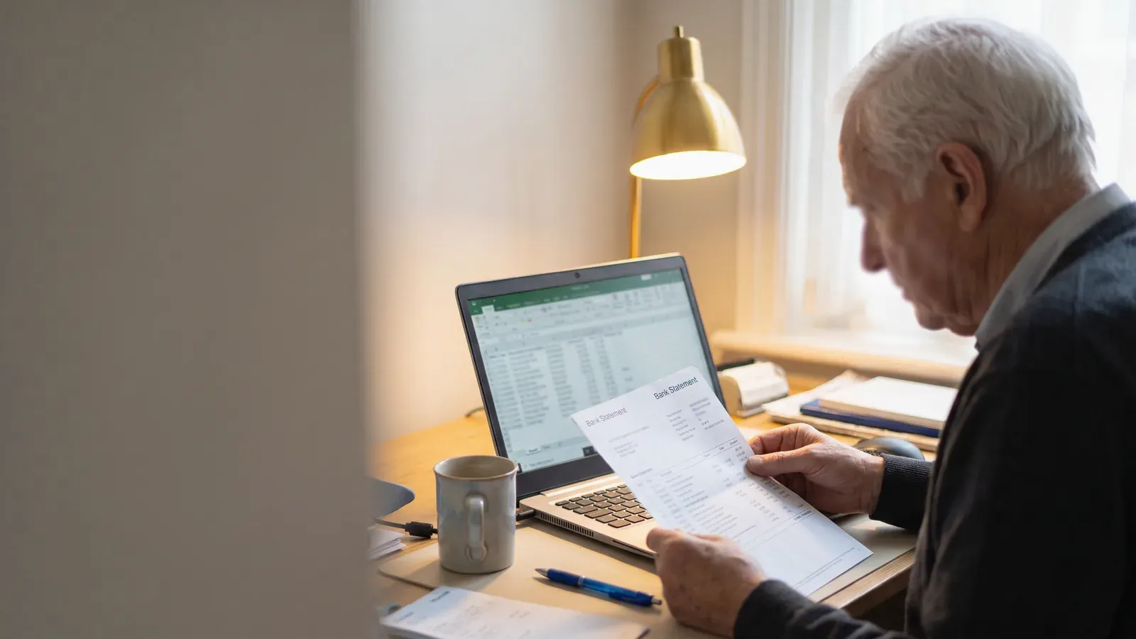 Retired man comparing his bank statement with a rate table at a home desk