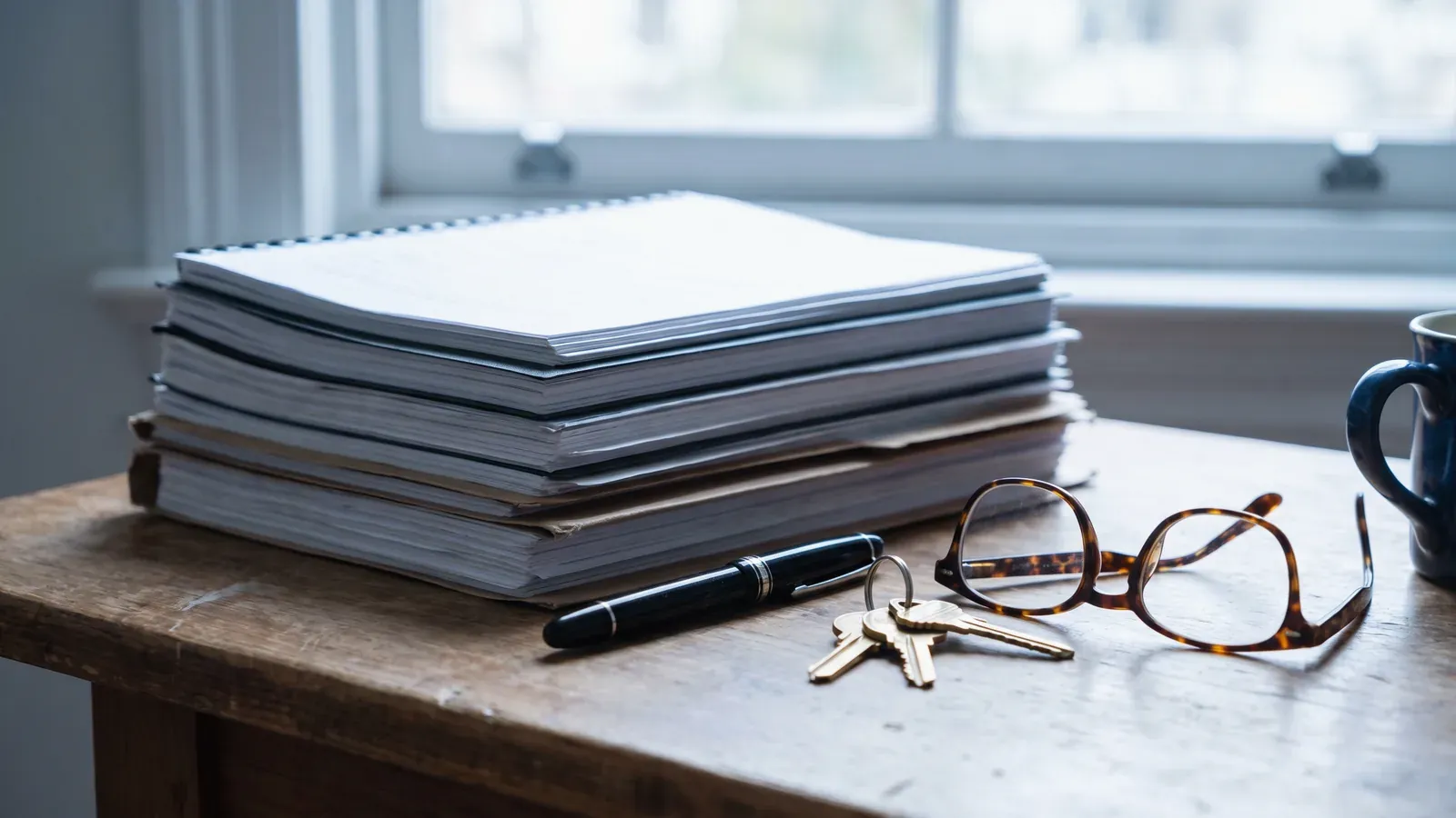 Reverse mortgage closing papers with a pen, house keys and reading glasses