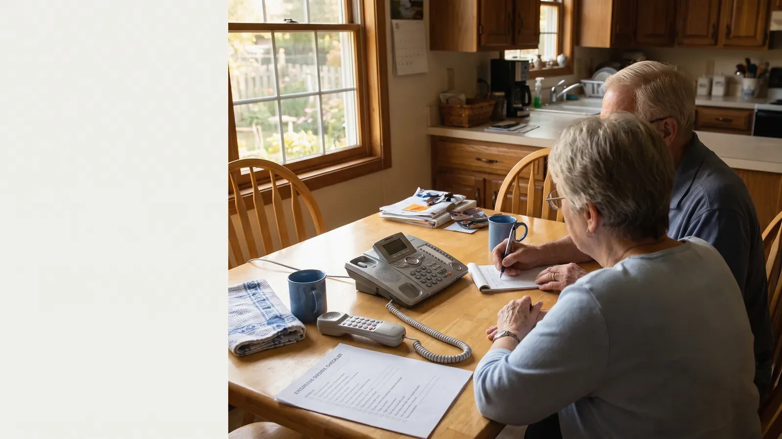 Older couple taking notes during a reverse mortgage counseling call at home